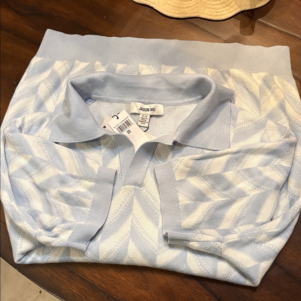 🩵Jason Wu Lt Blue & White chevron color block 
V-Neck Polo Short Sleeve Sweater
